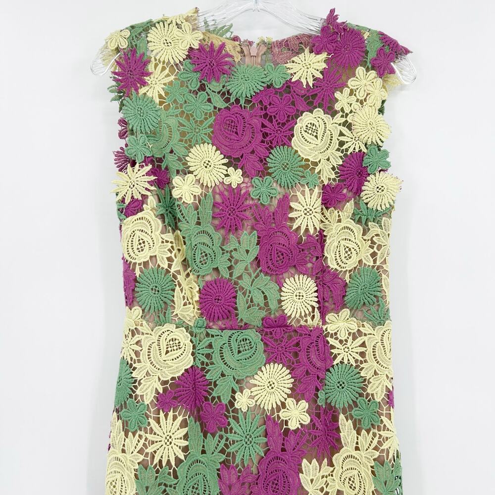 Mikael Aghal Merana 3D Floral Lace Sheath Dress Sz 4 Pink Green Yellow occasion - Picture 5 of 11